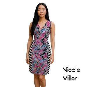 Anthropologie Nicole Miller Black White Pink Floral Stripe NWOT Dress Size M